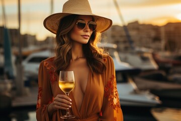 Canvas Print - A stylish woman donning a chic fedora and trendy sunglasses stands confidently on a boat, holding a glass of wine, exuding effortless cool and outdoor elegance