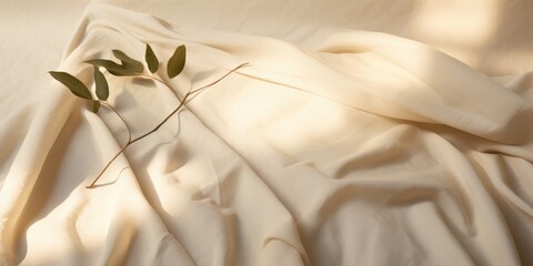 Wall Mural - Linen Beige Folded Textile Background. Aesthetic Natural Textured Fabric, Cotton Material With Sunlight. Generative AI