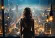 A fashionable woman stands mesmerized by the glowing city lights, admiring the towering skyscrapers and bustling streets from her window on a cool night