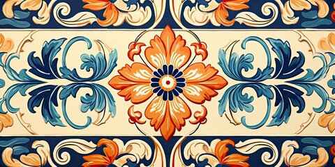 Canvas Print - Elegant vintage pattern of ceramic tiles with Tuscany flowers, beautifully colored background for design and fashion, decorated with ornate floral elements, reflecting Tuscany or Italian style.