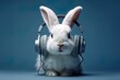 White bunny rabbit is listening disco music in big grey headphones. Blue background. 