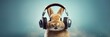 Bunny rabbit is listening disco music in big headphones, 