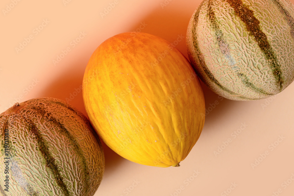 Different sweet melons on orange background