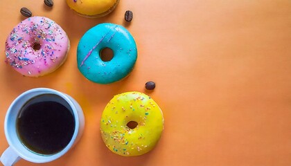 Delicious breakfast with donuts and coffee. Vivid orange background with copy space