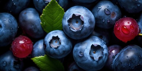 Wall Mural - Closeup of Fresh Blueberries and Red Berry with Water Droplets. Generative AI