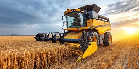 Wall Mural - Combine harvester harvests ripe wheat