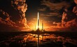 A towering skyscraper illuminates the evening sky with a powerful beam of light, while a spacecraft prepares to launch into the fiery sunset, evoking a sense of awe and excitement in the midst of the