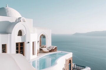 Poster - White architecture with swimming pool on an island, beautiful view with sea. AI generated