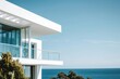 Architecture, modern white house with sea view from the terrace. AI generated
