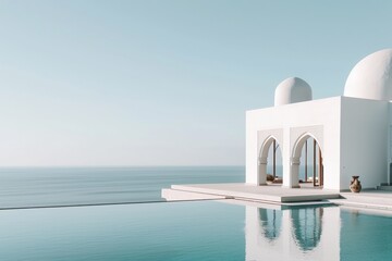 Poster - White villa with swimming pool and sea view. AI generated