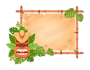 Tiki totem bamboo frame. Cartoon hawaiian or african tribal totem mask on sign board flat vector illustration. Bamboo frame with wooden aboriginal mask