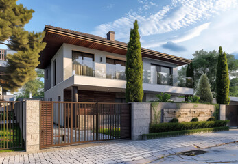 A private house of two floors hidden behind a fence with automatic sliding brown gates in a sunny day