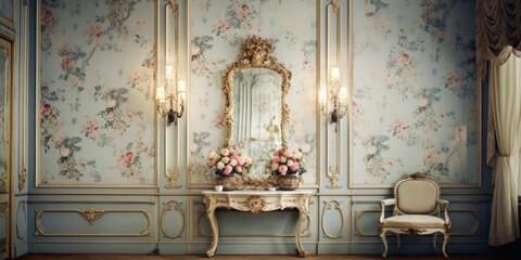 Wall Mural - Elegant rococo-style room with vintage wallpaper in a classic royal home.
