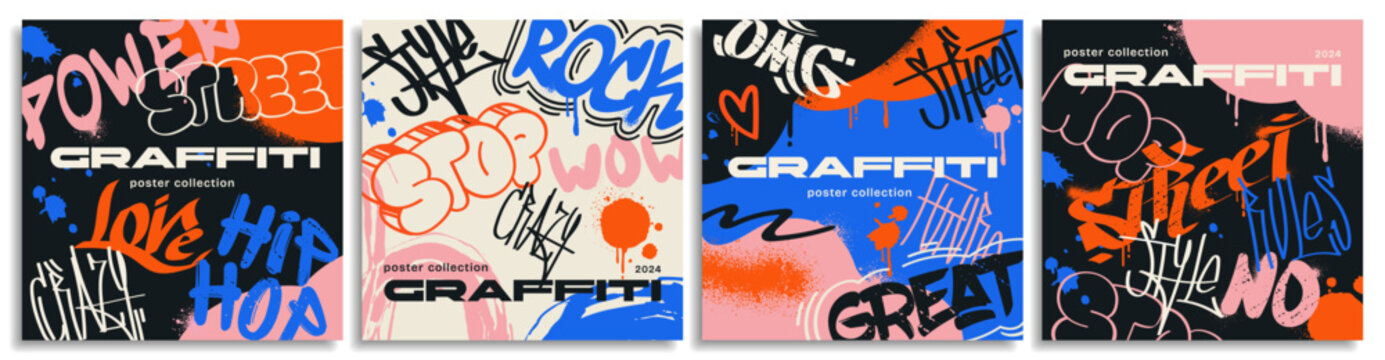 Set of abstract graffiti posters. Collection of street art covers with paint splashes, scribbles and tags. Trendy hand drawn banners. Cartoon flat vector illustrations isolated on white background