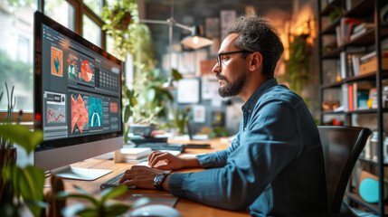 Focused man working on a desktop computer in a vibrant coworking space with personal plants and ambient lighting