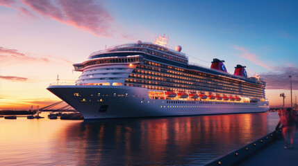 A modern, white cruise ship near the pier at sunset, side view. Travel and vacation