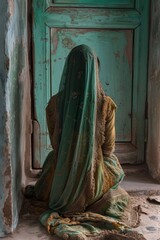 Wall Mural - A woman sitting on the floor in front of a door, AI