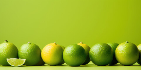 Wall Mural - Row of Fresh Limes and Lemons on Green Background. Generative AI