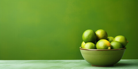 Wall Mural - Bowl of Fresh Limes on Table with Green Background with Copy Space. Generative AI
