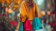 Woman Walking Down a Busy City Street Holding Shopping Bags