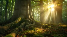 Big Tree Roots And Sunbeam In A Green Forest