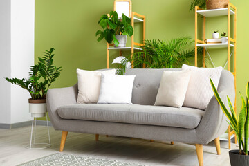 Wall Mural - Interior of living room with green plants, sofa and shelf units