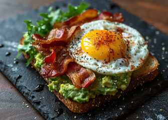 Wall Mural - Delicious Breakfast: Toasted Bread with Avocado, Egg, and Fresh Vegetables, served on a Wooden Plate