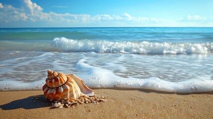 Wall Mural - Shell on beach and landscape of sea with sky.