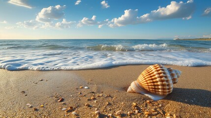 Wall Mural - Shell on beach and landscape of sea with sky.