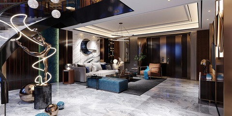 Wall Mural - 3d render luxury home interior, living room