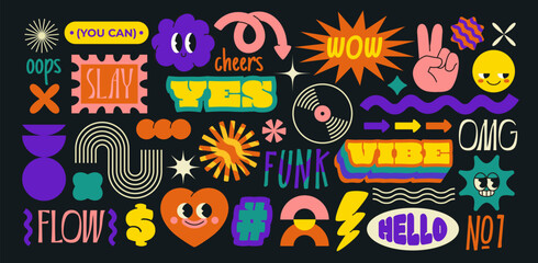 set of groovy abstract stickers in brutalism style. playful geometric shapes, hearts, trendy inscrip