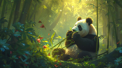 Wall Mural - A captivating scene of a giant panda peacefully munching on bamboo in a lush forest