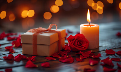 Wall Mural - Gift box with candle and petals on a wooden background. Valentine day

