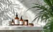 mockup of plastic packaging and bottles with natural organic cosmetics on the bathroom light background