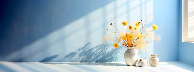 Sticker - There is a vase with yellow flowers near the window. Soft light from the window. Sunny atmosphere, minimalist still life.