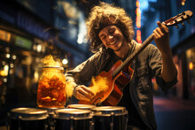 An Image Capturing The Enthusiasm Of A Street Musician Using A Digital Tip Jar For Electronic Contributions From Passersby, Showcasing The Blend Of Technology. Generative Ai.