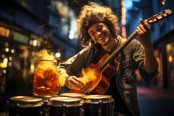 Aufkleber - an image capturing the enthusiasm of a street musician using a digital tip jar for electronic contri