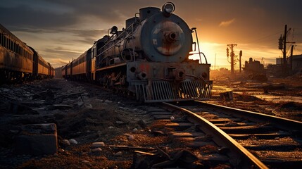 Wall Mural - A train is on the tracks at sunset. Generative AI.