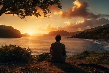 Poster - A serene beachside scene where a solo traveler basks in the sunset, portraying the tranquility and self-discovery facilitated by well-managed finances. Generative Ai.