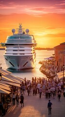 Poster - Cruise ship in port at sunset. Generative AI.