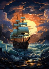 Wall Mural - sea storm ship moon dreamy fantasy mystery tarot illustration art tattoo poster card night