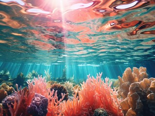 Canvas Print - Underwater coral reef with sun rays and sunlight. Generative AI.