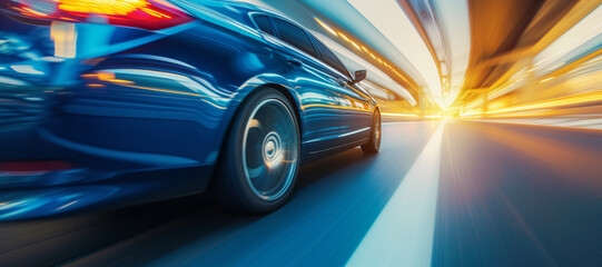 Wall Mural - car driving in motion, blue car on high speed . Blue car rushing along a high-speed highway.banner