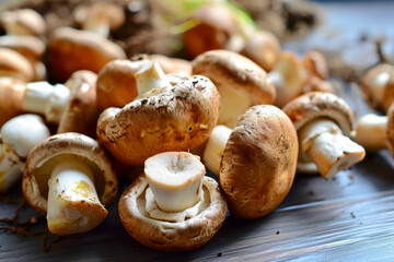 Wall Mural - Meaty mushrooms. Backdrop with selective focus and copy space