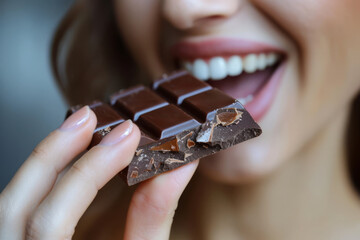 Poster - A person savoring a piece of chocolate, fully experiencing the taste and texture. Concept of mindful eating and sensory enjoyment. Generative Ai.