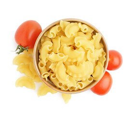 Bowl with uncooked pasta and tomatoes on white background