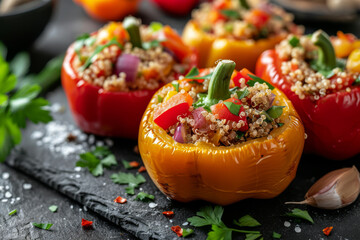 Wall Mural - Stuffed bell peppers with quinoa and vegetables, a filling and healthful main dish. Concept of colorful and nutrient-dense cooking. Generative Ai.