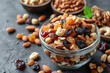 Homemade trail mix with raw nuts and dried fruits, a nutrient-dense snack for energy. Concept of natural and unprocessed snacking. Generative Ai.