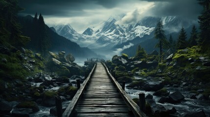 Wall Mural - bridge mountains fog moody peaceful landscape freedom scene beautiful nature wallpaper photo