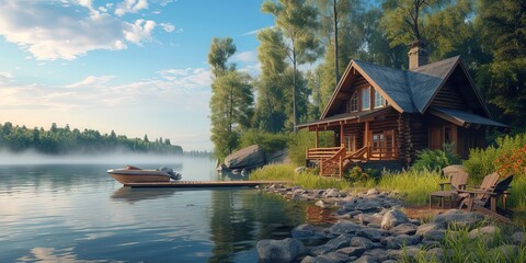 Canvas Print - cabin by the lake in the woods